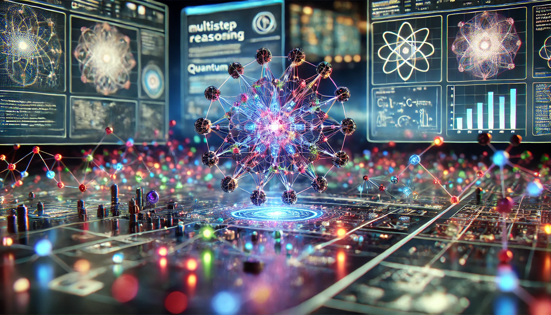 Visualization of a neural network displaying the advanced reasoning capabilities of the OpenAI o1-preview model, with glowing nodes and scientific data in the background.